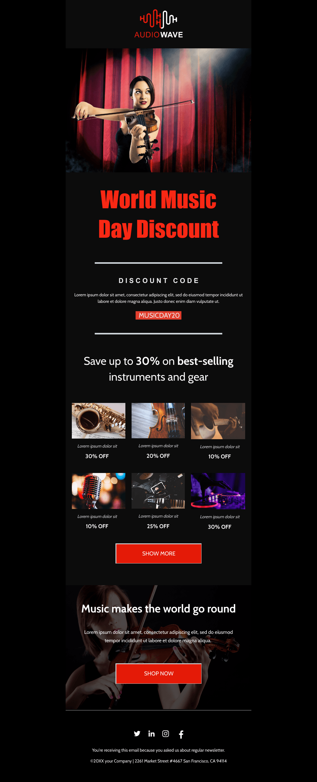 Laravel Mail Template - Music Store Discount For Music Day