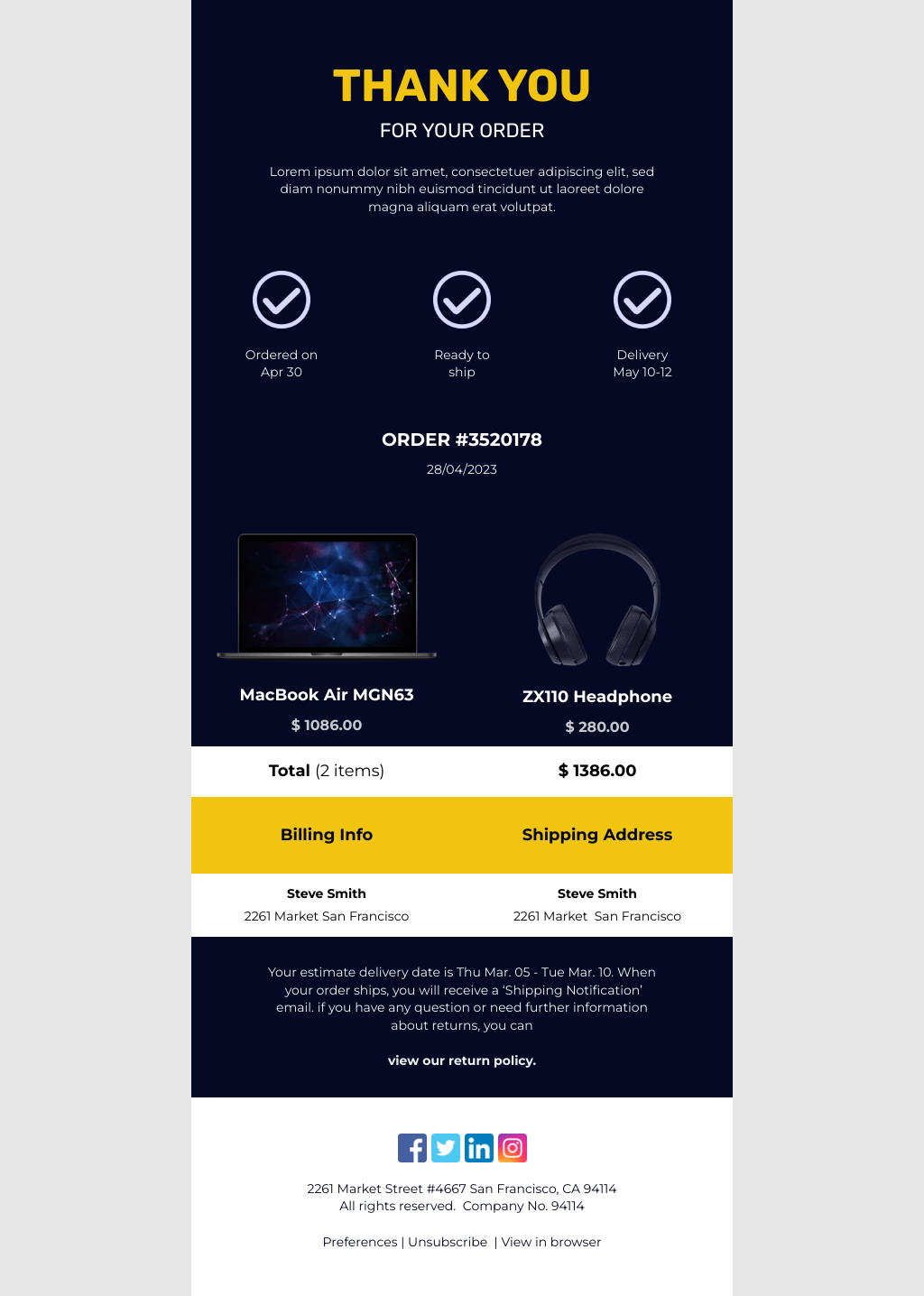Laravel Mail Template - Tech Gadgets Purchase Invoice