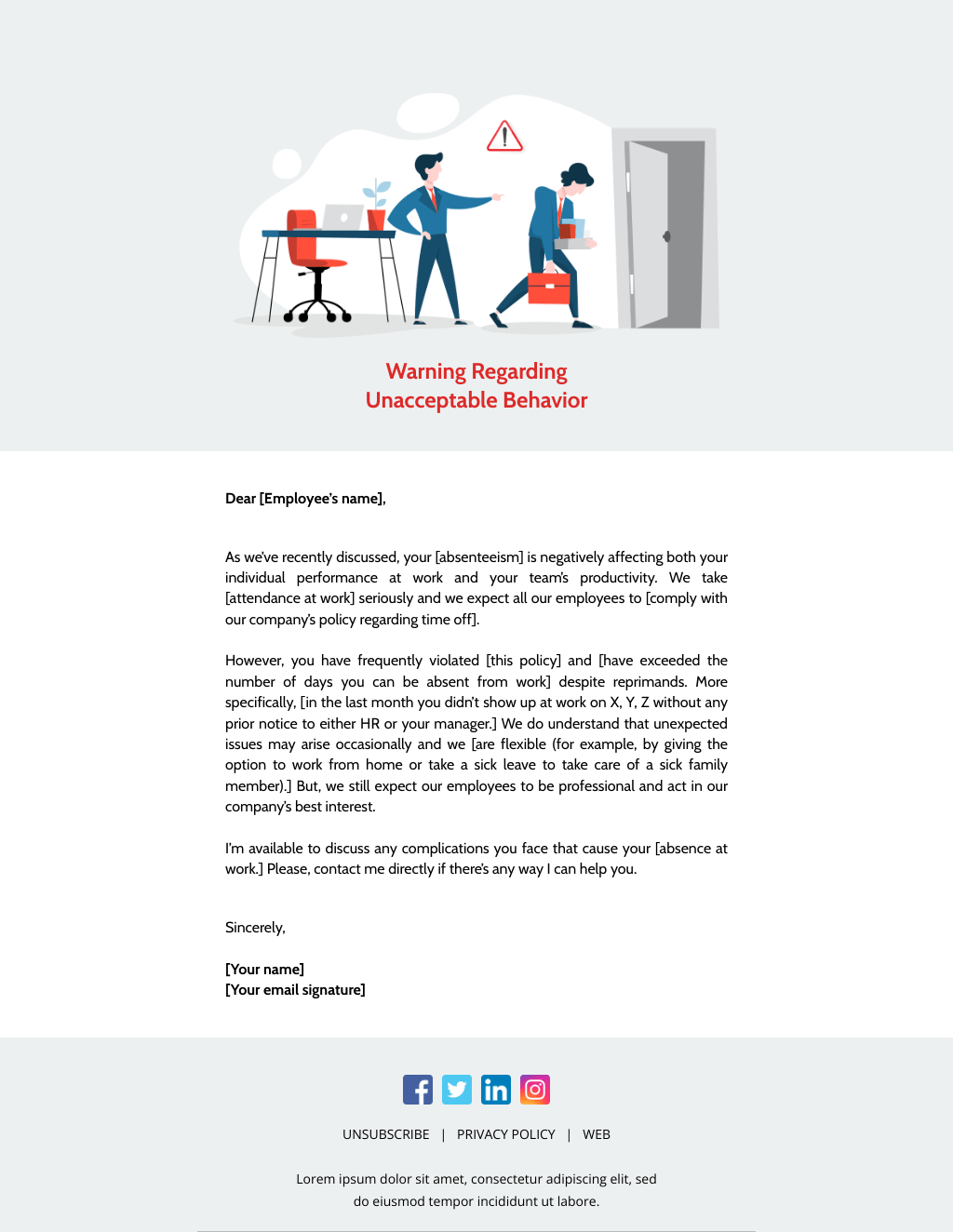 Laravel Mail Template - Warning Email to Employee for Unacceptable Behavior